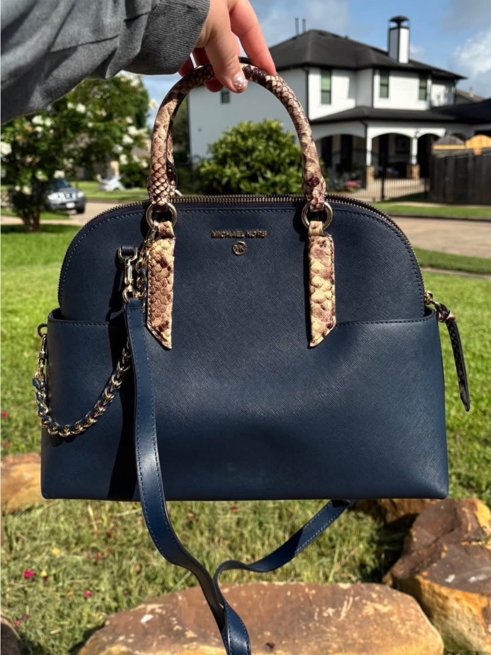 Michael Kors Navy Saffiano Satchel with Snake-Print Handles